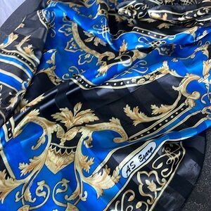 EUC A S Esarp black, blue and gold 38” x 38” square scarf